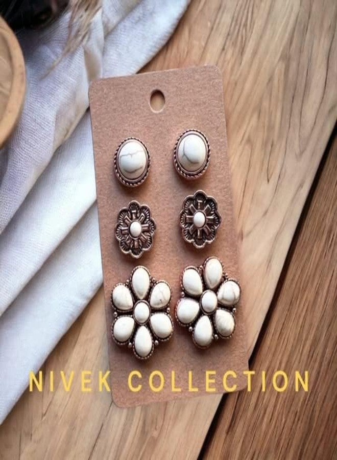 NIVEK مجموعة NIVEK من 3 أقراط مرصعة باللون الفيروزي الأبيض، بلمسة نهائية نحاسية عتيقة، بتصميم بوهيمي غربي، مزينة بزهرة دائرية، بنمط جنوبي غربي. - Image 4